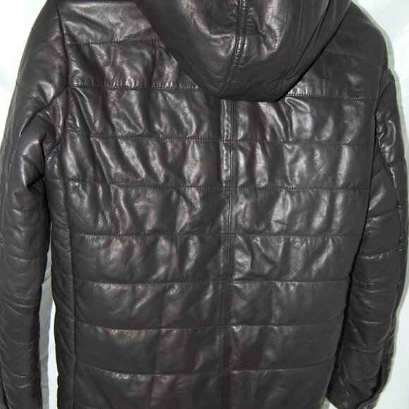 VINCE 🔥 Men's M Black Leather Hooded Puffer Down Jacket Hoodie Light Jacket - Picture 7 of 12
